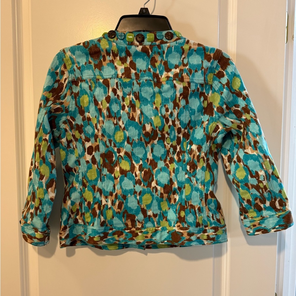 EUC Ruby Rd. Jacket Shiny Blue/Brown/Green Animal Print Beaded Neck Size 6